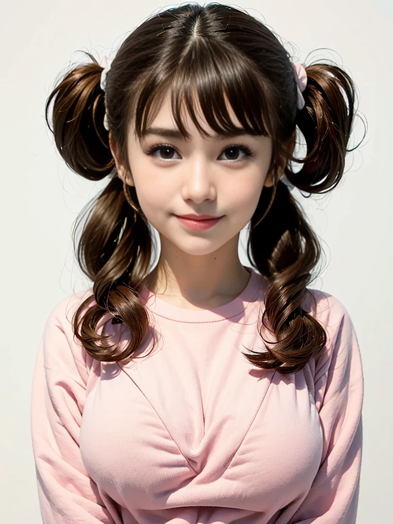 (((1 girl))), a lonely woman, (25 years old) ((realistic style)), (frizzy short messy hair), (((frizzy dark brown hair))), (((low twin pigtails hairstyle ))), ((dark brown hair messy bangs)), (((strawly bushy hair))), (((bangs and pigtails))), extremely thick lips, ((smiling)), (((wide smile perfect teeth))), (black eyes), black lined eyes, ((black lined eyes)), extremely thick lips, big cheeks, big cheekbones, fat cheekbones, ((fat cheeks)) pointed chin, clear face, clean face, ((delineated eyebrows)), masterpiece, Best Quality, high resolution, (photographrealistic:1.4), ((pale skin)), ((eye contact)), (((pale skin))), looking at viewer, thin, (((thin body))), ((upright posture)) (((portrait))), (((staring at the viewer))) ((bright colors)), (((very big natural saggy tits)) ) (((natural saggy tits))), shortstackbt, (((thin))) (((skinny))), ((((body fitness:1.1)))) (((side pose))) (( ((pink sweatshirt dress:1.1)))) ((((absolutely white background))))