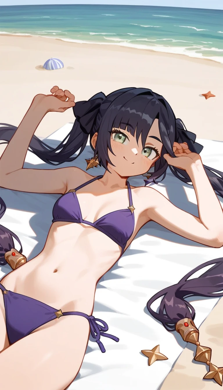 masterpiece,Ultra HD,score_4_上 BREAK source_anime,可愛いanimeイラスト, One girl, alone, Mona XL, Long black hair, Green Eyes, tsurime, Twin tails, Medium chest, View your viewers,smile,beach,Lying down,Purple Bikini,Open,nsfw,Adult physique,