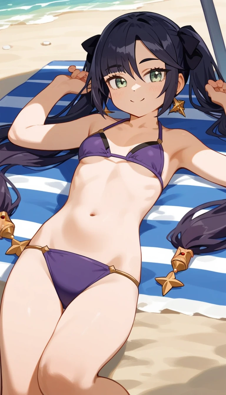 masterpiece,Ultra HD,score_4_上 BREAK source_anime,可愛いanimeイラスト, One girl, Mona XL, Long black hair, Green Eyes, tsurime, Twin tails, Medium chest, View your viewers,smile,blush,beach,Lying down,Purple Bikini,nsfw,Adult physique,Fingering,fingering,