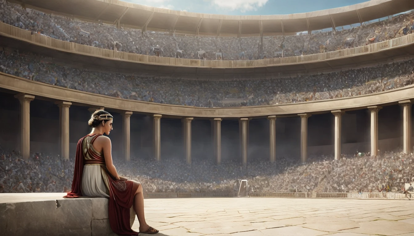 Create a photorealistic, 32K resolution image depicting a scene from Ancient Greece where a woman is sitting sadly outside the Olympic arena. Capture high quality, realism, and intricate details, showing the vibrant activity of the male athletes competing inside the arena, while the woman sits dejectedly beyond the boundary. Include elements of traditional Greek architecture and attire, and ensure the background reflects the grandeur of the event and the natural beauty of the landscape. Highlight the contrast between the lively atmosphere inside the arena and the woman's exclusion from the event
