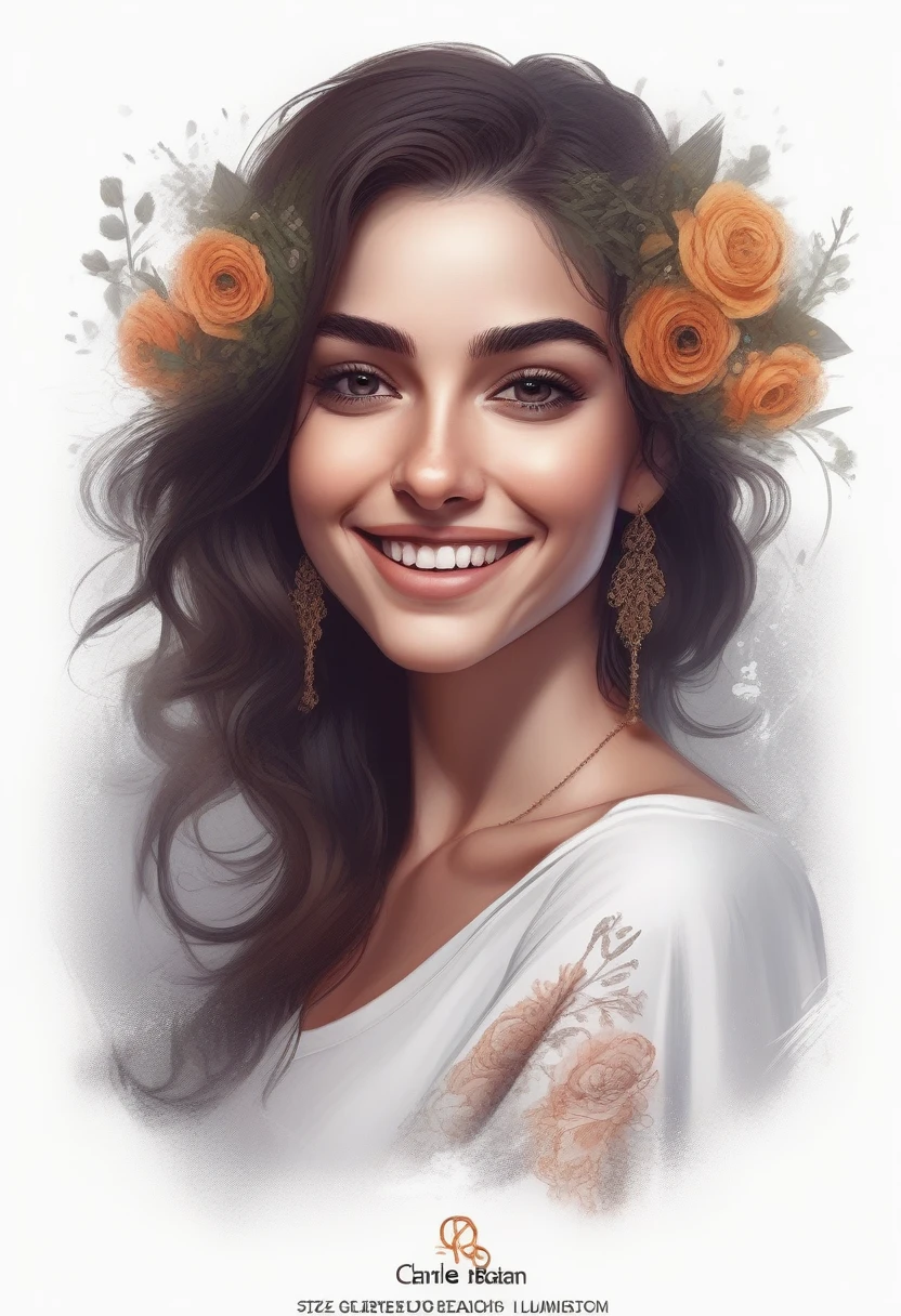 realism style, t-shirt design, centered art, 2D vector, floral theme, face of a beautiful Spanish woman smiling, white background, Adobe Illustration, Trending on Artstation, hd, 8K, intricate details, vibrant eyes, magnificent art, masterpiece , by Charlie Bowater, luminosity by REMBRANDT