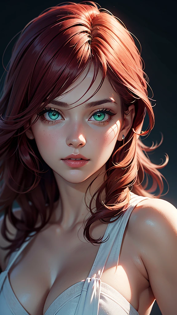A stunningly realistic dark fantasy portrait of a tall, leggy red-haired woman with a chiseled abs, small waist, large emerald green eyes, and plump lips. She stands confidently, her body displayed in all its glory. The background is a mix of dark, brooding colors, with some ethereal elements, creating an atmospheric and mysterious setting. The overall tone of the image is a blend of beauty, power, and darkness., dark fantasy, portrait photography, painting
