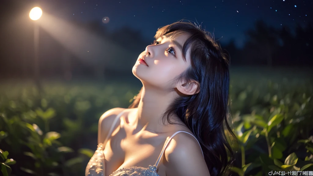 A very cute face like an idol、Looks like a young face、20-year-old female、Gentle and cute、Cleavage、Beautiful starry sky、(Looking up at the night sky)、((Dim lighting))、RAW Photos、Genuine、live-action、（Romantic)、(Artistic Expression)、(Fantasy)、High resolution、masterpiece