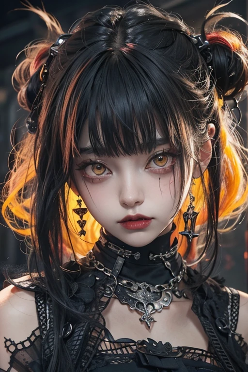 Highest quality、8K、masterpiece：1.3、Gothic Punk、The inside  is red、Black-haired、hair ornaments、Beautiful girl、creative、Dark Fantasy Style、Neogoth、Goth Fashion：1.2、Yellow Eyes、I can see the fangs、Tokyo Night Street