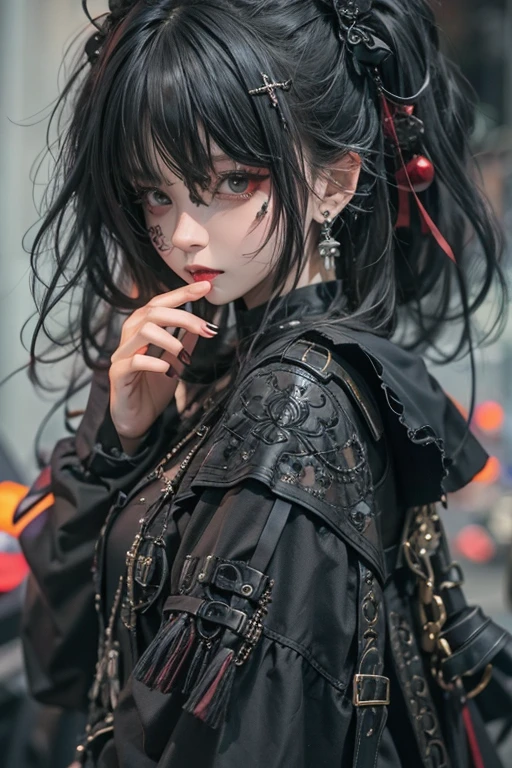 Highest quality、8K、masterpiece：1.3、Gothic Punk、The inside  is red、Black-haired、hair ornaments、Beautiful girl、creative、Dark Fantasy Style、Neogoth、Goth Fashion：1.2、Yellow Eyes、I can see the fangs、Tokyo Night Street