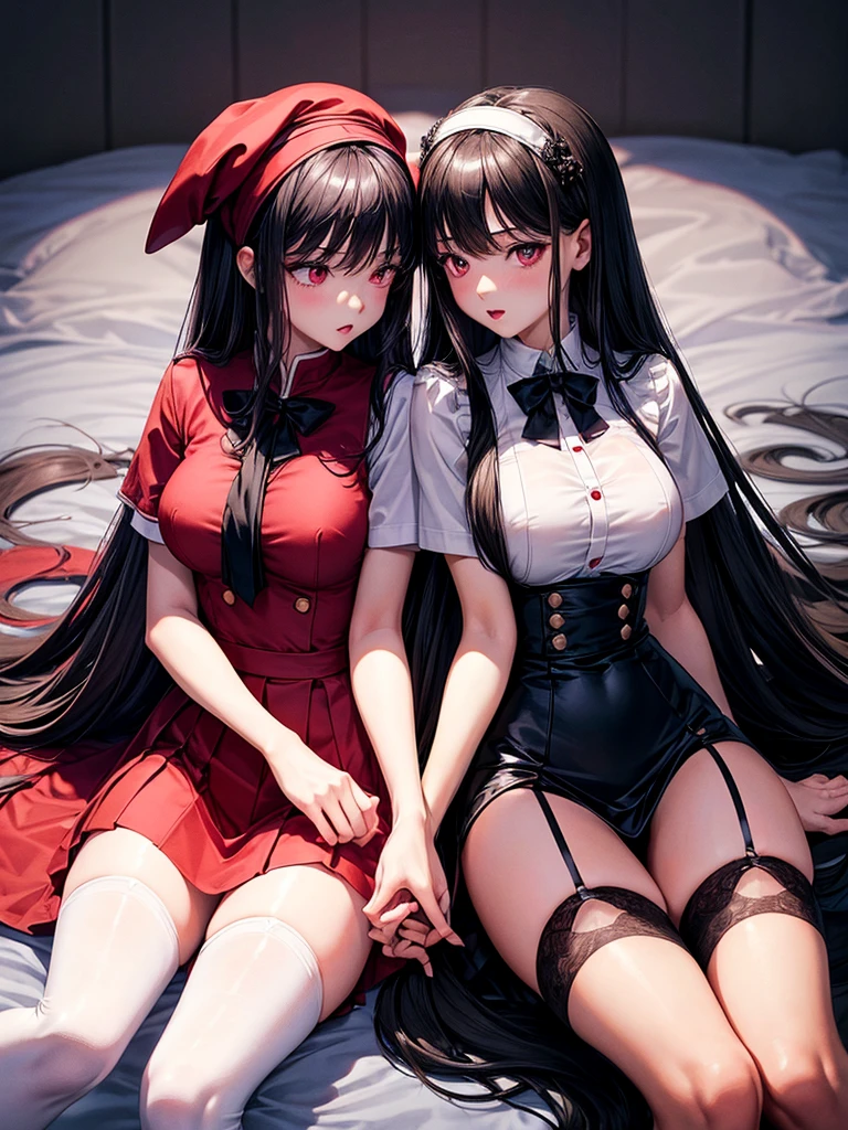 ((best quality)), ((Masterpiece)), (details), 2 girls, The first one has long black hair.,red eyes,big breasts,Slim figure,small hips,wearing a red school uniform,Put on white stockings, Two people with short black hair,purple eyes,small hips,Wear a green ,Wear black stockings,Kiss each other,blackground sakura