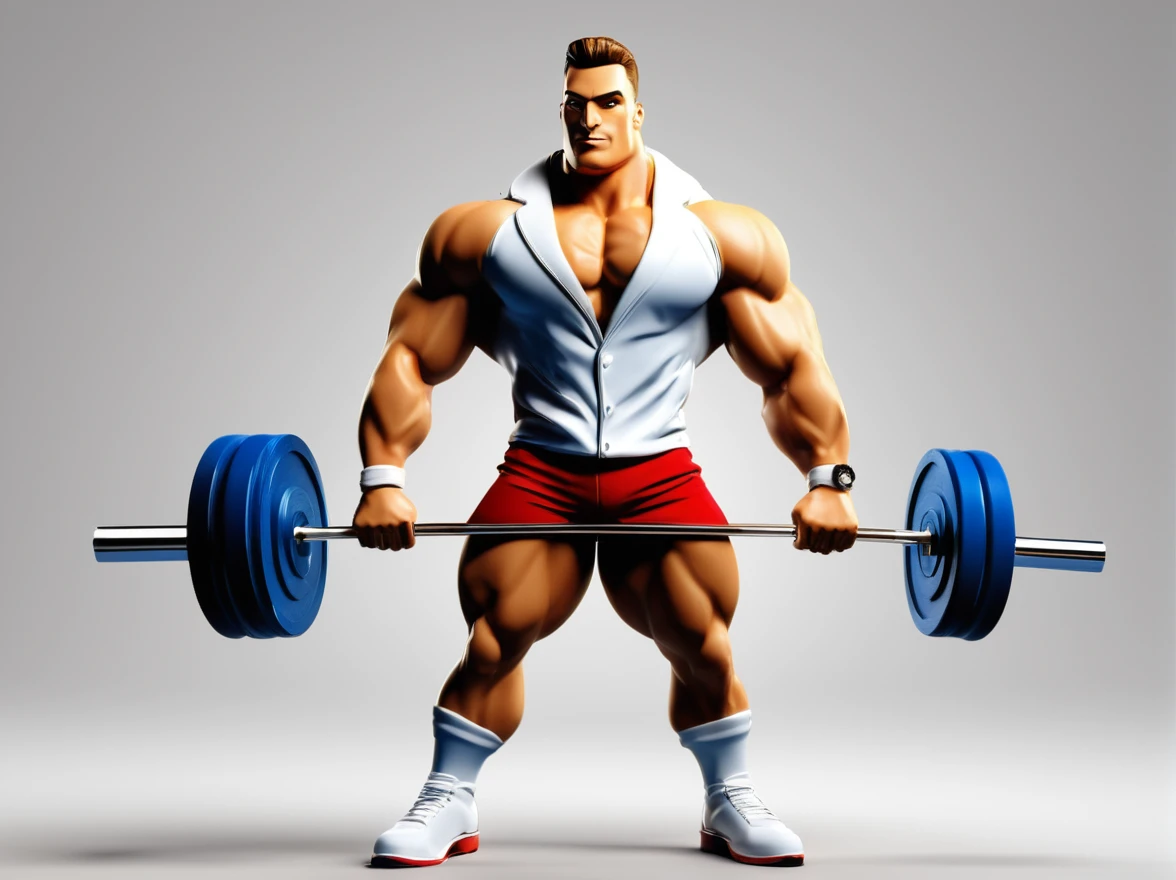 galo antropomorfo bodybuilder, white coat, 3d render, style cartoon, gym mascot