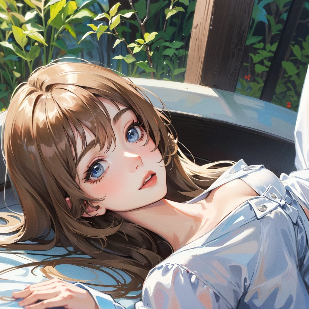 ((best quality)), ((masterpiece)), (detailed), 1girl, adult woman with brown 
blondeish hair and silver light blue eyes wearing a white short nightgown laying 
in the middle of the forest