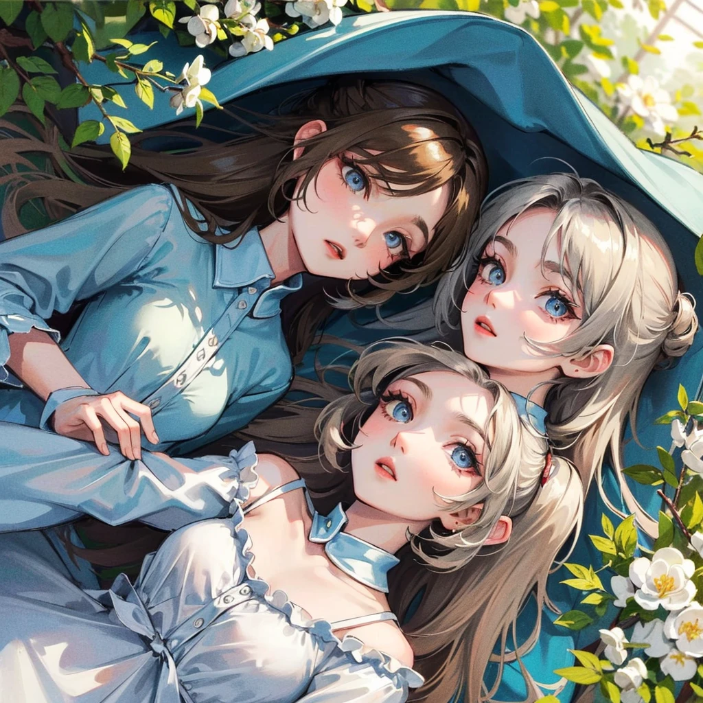 ((best quality)), ((masterpiece)), (detailed), 1girl, adult woman with brown 
blondeish hair and silver light blue eyes wearing a white short nightgown laying 
in the middle of the forest