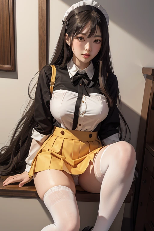 Gold maid uniform,humongous breats,extremely long hair,knee long socks,miniskirt,transparent,sexy
