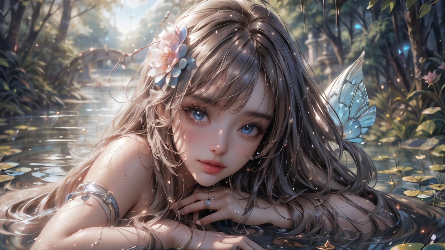 landscape of an woman, landscape of a very beautiful woman,(((cowboy shot))), Nao Tomori/(Charlotte/), anime style, (((lie sideaways)))!!, (lie sideaways on the shallow water at by the pond), looks at the camera with beautiful blue eyes, (Beautiful blue eye's like sapphire :1.40)!!, Stars in her fixed eyes, (homochromatic eyes)!!! attractive smile, Cute little nose, mocha hair between eyes,   mocha hair bangs, (ultra shine mocha hair)!!, (curvy hair with double tied up)!!, ((dynamic composition)), (bare shoulders)!!, detailed realistic hair,  breathtaking rendering, Sweet girl, Best Quality, Masterpiece, Ultra-detailed, Beautiful, hight resolution, Original, CG 8K, perfect artwork, beatiful face, Face Clean, Skin, hyper realistic, Ultra Detailed, A detailed eye, dramatic  lighting, (Realistic) Realistic, Full HD, Best Quality, Best Quality, Beautiful lighting, (8k wallpaper of extremely detailed CG unit), High Details, sharp-focus, The art of dramatic and photorealistic painting, beautiful smile, Incredibly detailed face, hyper detailed face, A face with a lot of detail, Perfect nose, gorgeous smile, A star in the eye, Perfect eye shadow, wink, Hyper-Detailed Eyes, Hyper-detailing of eyebrows, Hyper-detailed eyelashes, ((In shallow water)), by the pond, Beautiful butterflies are flying, (((Wet body))), Shiny skin, Fine-grained skin, Fine-grained hair, (Butterflies flying around a 1girl), (Starry sky), forest, Pillar of Light, water lily, mosses, crystal clear clean water, Moonlight, Glitter, (Midnight, Dark)