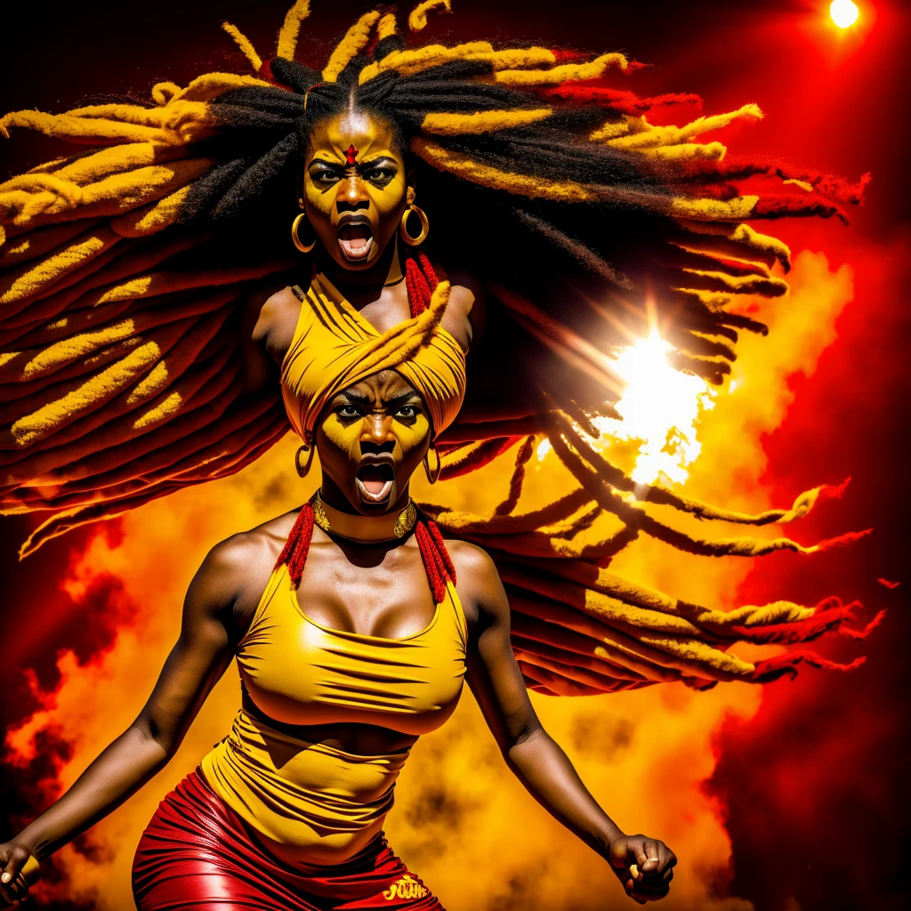 African goddess of war, angry face, red and yellow clothes, white background, rays, wind, light, samba school, rays in the background