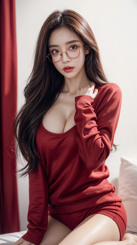 female, fair, amazing face and eyes, cosmetics, red glossy lips, (Extremely detailed fair face), (The sexiest look), (sweatshirt), (best quality), (very detailed), (very detailed CG 통합 8k 벽지),original photo, professional photography, (permanent), (pure white background),(black hair),(big eyes),(soft light source),(a little cleavage),(shorts),(red underwear),gold glasses