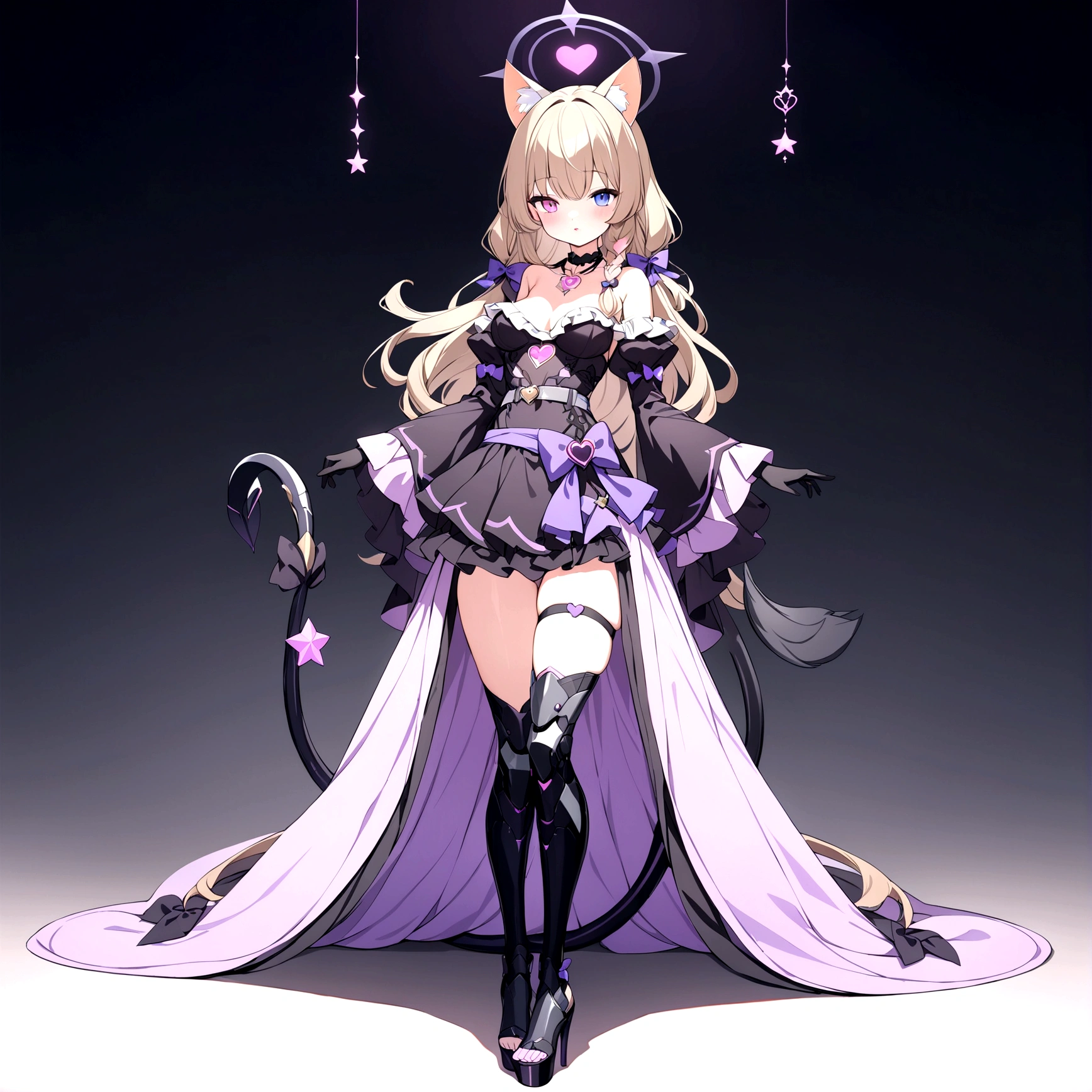 woman 170 cm tall. (character design sheet: front view). Dark blonde long hair, slim build. wavy hair with hip length curls, has a short central tuft, She has a short braid on the left side over her chest with a purple bow, She has a short braid on the right side over her chest with a purple bow. Two black and purple serval ears located on the top of the head... small face. (heterochromia: one gray eye and one purple eye), has small ribbons on the right and left side of the hair. extremely detailed face, Beautiful detailed eyes, beautiful detailed lips. adorable, extremely detailed legs, (Best Quality, 4k, 8k, high resolution), ultra detailed, Exquisite and epic character art... Black platform heels, Elegant one-piece long dress with ruffle skirt and wide sleeves. Ribbon decorations and star patterns on clothing. black gloves. gray belt at the waist with a large ribbon with a luminous pink heart in the middle. black necklace with heart emblem on the neck. It has a succubus tail with a small luminous violet star at the tip of the tail...... (wide hip). Luminous black halo with purple star patterns above his head..... (medium chest size). Mechanical legs up to the thigh in black.