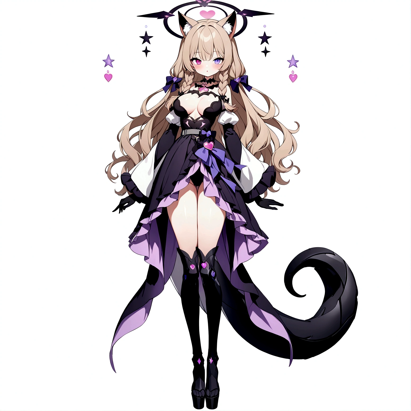 Woman 170cm tall, medium chest, wide hip, slim build, ((whole body)). (((character design sheet: front view))). (Dark blonde hair, (hip-length wavy hair styled in asymmetrical bangs), She has a short braid tied with an elegant purple bow on the left side of her hair above her chest. She has a short braid tied with an elegant purple bow on the right side of her hair above her chest. She has small ribbons in the back of her hair.). ((Gray eyes with a pink 4-pointed star in the pupil)). Two black and purple serval ears located on the top of the head. Luminous black halo with purple star patterns above his head. black necklace with a heart emblem on the neck. (Elegant one-piece long dress with lace and ruffle skirt, ribbon decorations and star patterns on the dress). black gloves, beautiful black platform heels. gray belt at the waist with a large ribbon with a luminous pink heart in the middle. (It has a complex succubus tail with a small purple star at the tip). ((It has complex mechanical legs that reach up to the thighs and are black with small purple details.)). beautiful detailed hair, beautiful detailed dress. extremely detailed arms. extremely detailed face, small face, Beautiful detailed eyes, beautiful detailed lips. adorable. extremely detailed legs. (Best Quality, 4k, high resolution), ultra detailed, Exquisite and epic character art, ((White background)).