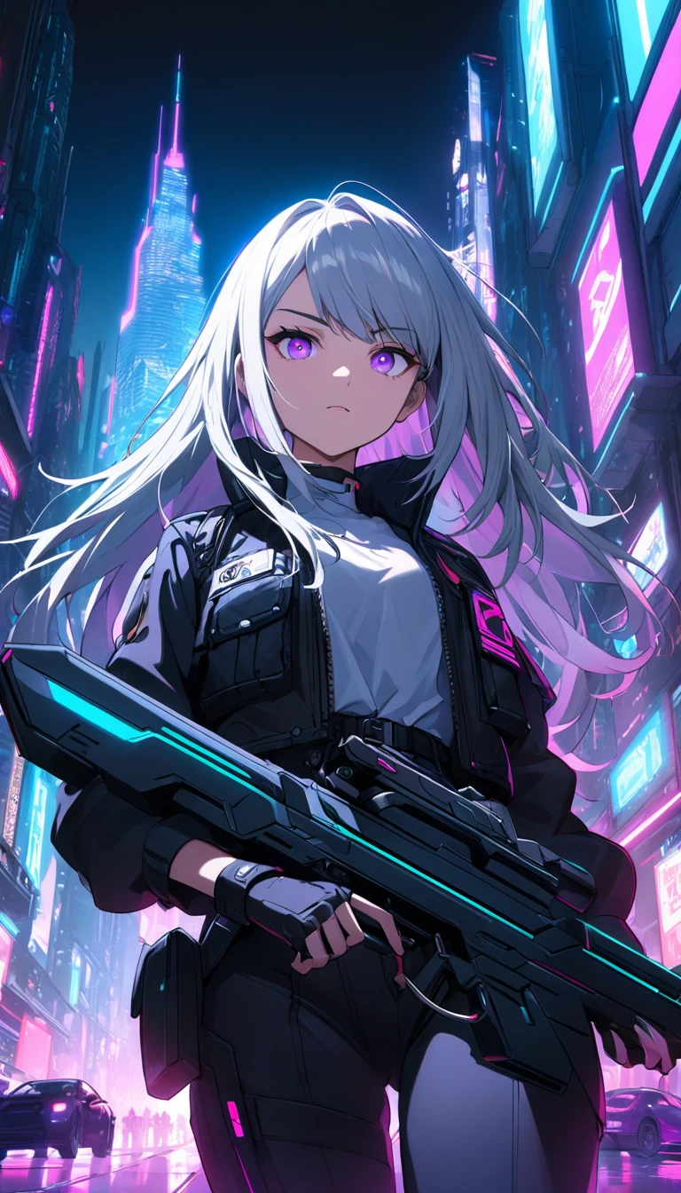 "A high-quality, detailed illustration of a girl with long silver hair and a black uniform, reminiscent of a military outfit, featuring a white shirt, black jacket, and blue accents, holding a weapon. She has a determined expression with striking violet eyes. Place her in a futuristic cityscape with neon lights and towering skyscrapers. The scene is set at night with a cyberpunk aesthetic, incorporating elements like glowing signs, flying vehicles, and a bustling urban atmosphere. The overall mood is intense and dynamic, emphasizing the contrast between her calm demeanor and the vibrant, chaotic environment."