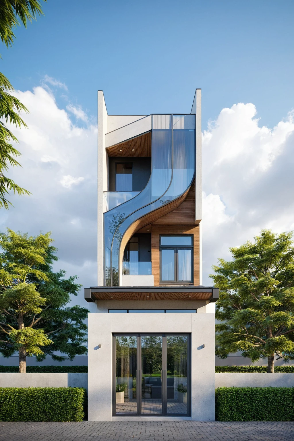 Raw photo,Masterpiece, high quality, best quality, authentic, super detail,
exterior, outdoors, house style modern on the street, glass windows, gate, wall curved, style Zaha Hadid, led light modern
road,pavement, trees, sky, cloud, (daylight:1.1)