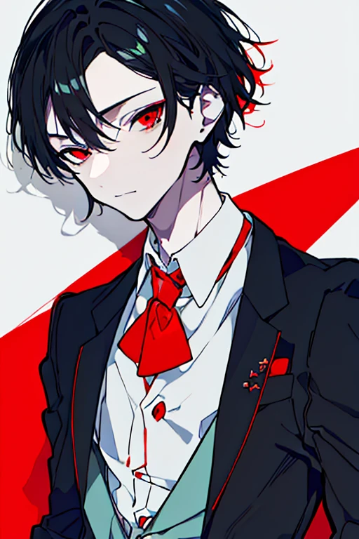 (best quality), very detailed, ((one man)), perfect face, Beautiful face, very detailed,(Black-haired man:1.3),suit,shirt, boy, boy, , cute , figure, Pinkish white skin, (red eyes),