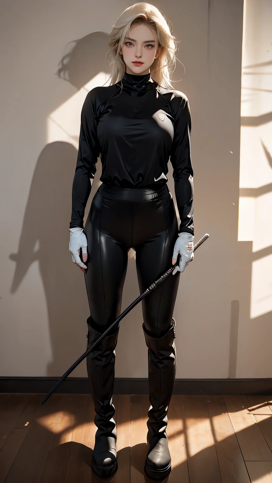(highest resolution, distinct_image) best quality, a woman, solo, masterpiece, highly detailed, semi realistic, blonde hair, bangs, 18 years old, mature, young, tall strong, uniform, military uniform( large indoor background), cold, serious, tall, handsome, autocratic, powerful, exquisite facial features, exquisite facial features, (full body)(black knee-high boots:1.4)(dominatrix:0.3)(white Yoga pants:1.3),(gloves:1.5)(long sleeves),(active sportswear shirt),solo,1girl,(looking at viewer),(from below:0.9)(head turned upwards:0.3)(smiling:0.4)(bodysuit:0.3)(holding riding crop:1.2)(muscular:0.8)(shirt tucket in pants)(parquet flooring)(standing on floor)(pretty eyes)(staring)(yandere), red eyes, white hair, superior smirk, smiling, devious, anime look, detailed drawing, manga, illustration , glowing red eyes, superior, smug