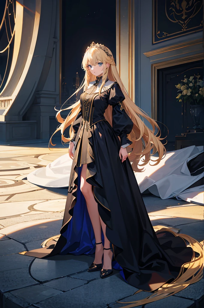 1woman, long hair, blonde hair, blue eyes, formal dress, standing on ground, high res, ultra sharp, 8K, masterpiece
