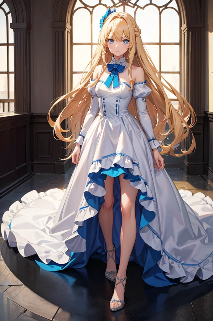 1woman, long hair, blonde hair, blue eyes, formal dress, standing on ground, high res, ultra sharp, 8K, masterpiece