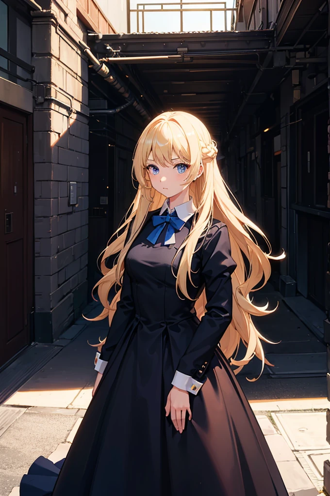 1woman, long hair, blonde hair, blue eyes, formal dress, standing on ground, high res, ultra sharp, 8K, masterpiece
