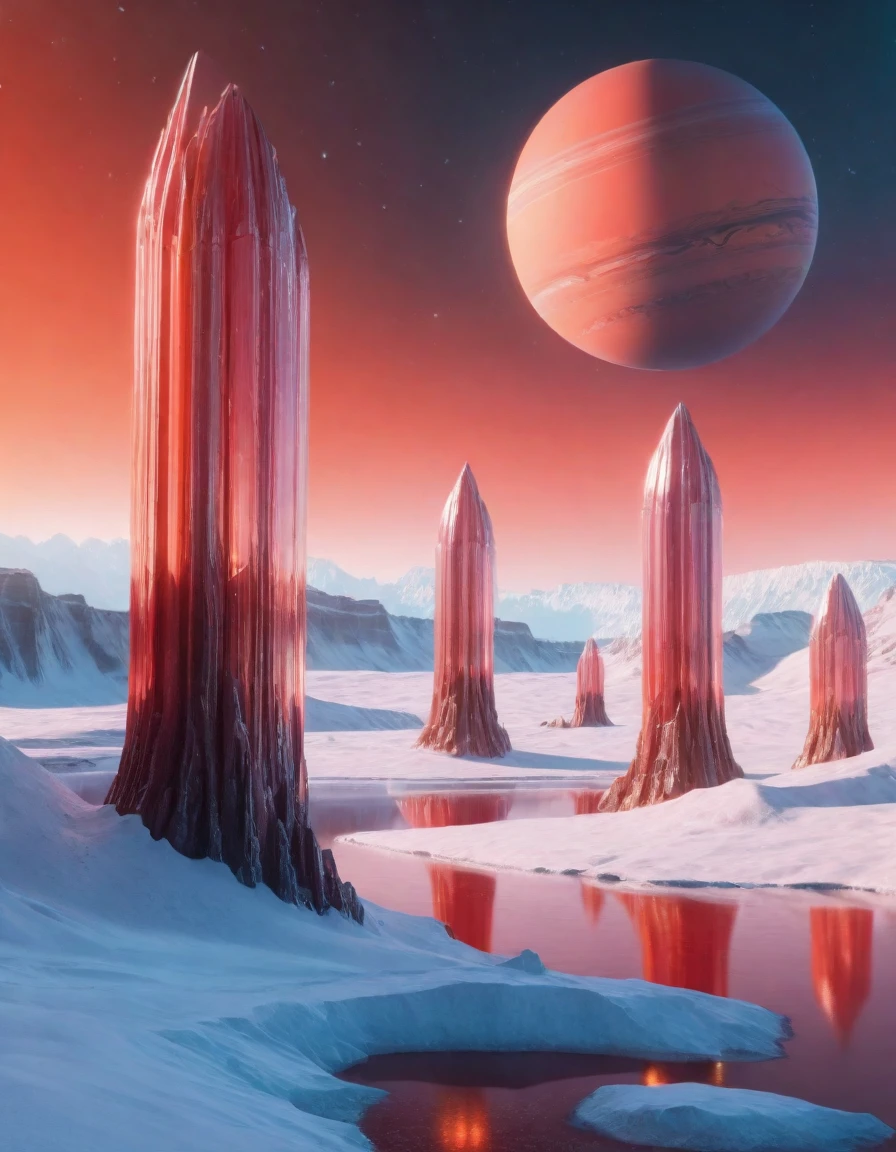 Alien landscape composed of huge blood crystal pillars in a cold atmosphere, Foretelling the weather on exoplanets. The scene is filled with breathtaking beauty, Showcasing ultra-realistic textures and stunning lighting. The winning photo, Shot in 8k with a Canon EOS R5, Popular on ArtStation. Peaceful environment，Uninhabited, Vibrant floating objects glowing in the background， The ethereal sky adds to this exoplanet&#39;s otherworldly beauty, Showing its magnificence.