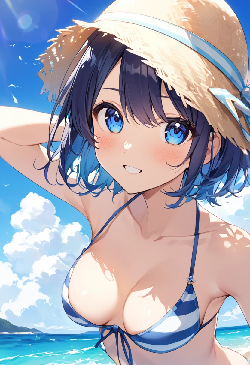 summer、Ocean、blue sky、Bikini color is random、beautiful girl、sexy、Short Hair、Hair color is random