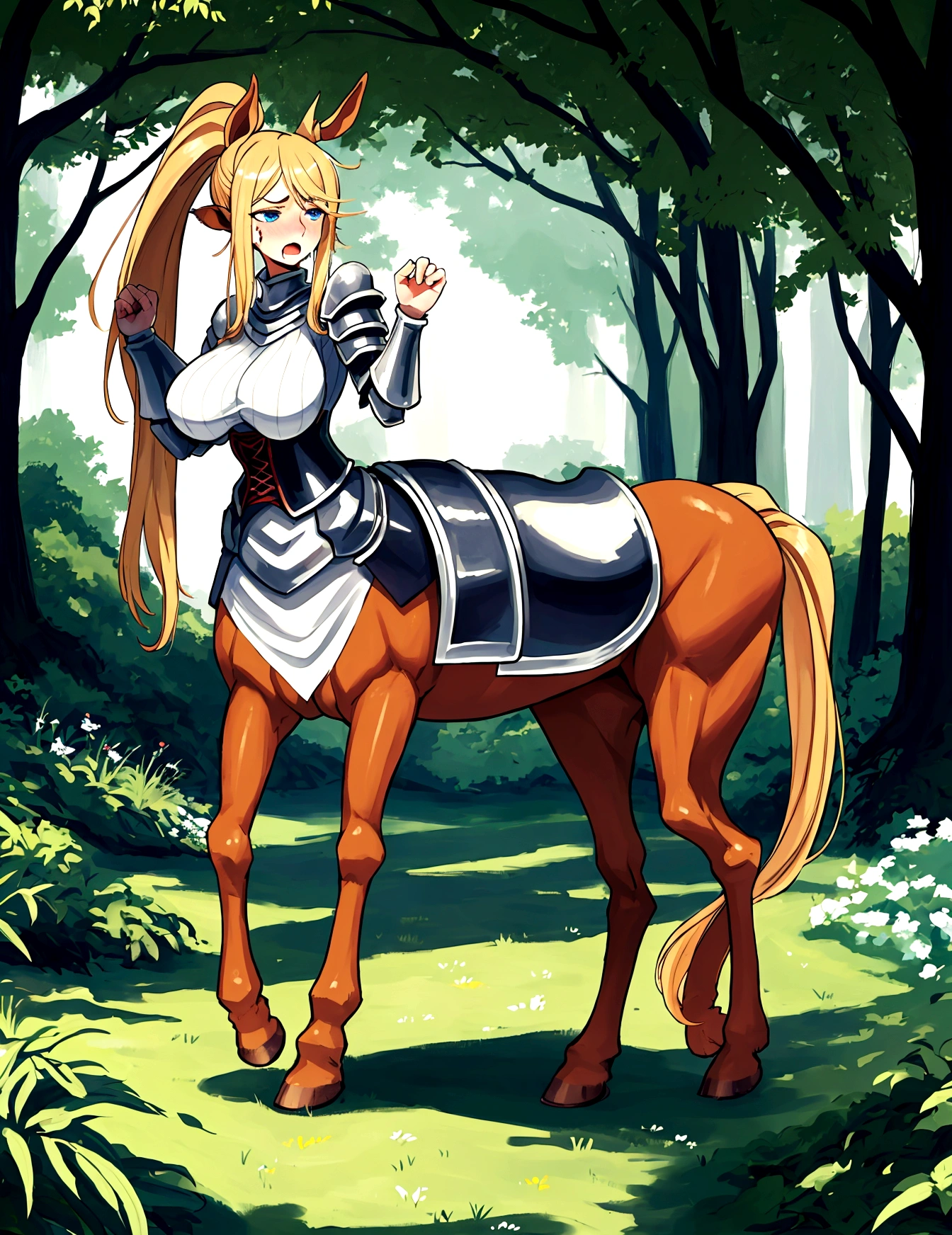 Anime centaur.1 girl. cutie. centaur girl, Half man. monster girl. centaur. Girl - horse. blonde. long hair. hair ornament. Her hair is pulled back into a high ponytail.. Blue eyes. Beautiful eyes. Perfect eyes. expressive eyes. perfect face. face, about to sneeze sneezing face. Beautiful nose. Snotty nose. Long snot hanging from the nose after sneezing.  years. big breasts. beautiful breasts. girl knight. centaur knight. She is ill. She got sick. She has allergies. She has a runny nose. nasal mucus. She has snot. She wants to sneeze. She needs to sneeze. She has a strong, desperate urge to sneeze. She sneezes. She sneezes. Splashes of snot fly to the sides. Snot flows from the nose. She has her period. Her crotch is bleeding. in the middle of a forest. Ideal anatomical body. Lower body of a horse.. Horse slender legs. hooves instead of feet. white linen blouse. Light plate armor - corset. skirt. no panties. standing. full height. beautiful character design. shiny skin. whole body. NFS. official art. чрезвычайно подробные обои CG Unity 8k. perfect lighting. 4K ultra-high resolution. Super detailed 8K resolution. A high resolution.