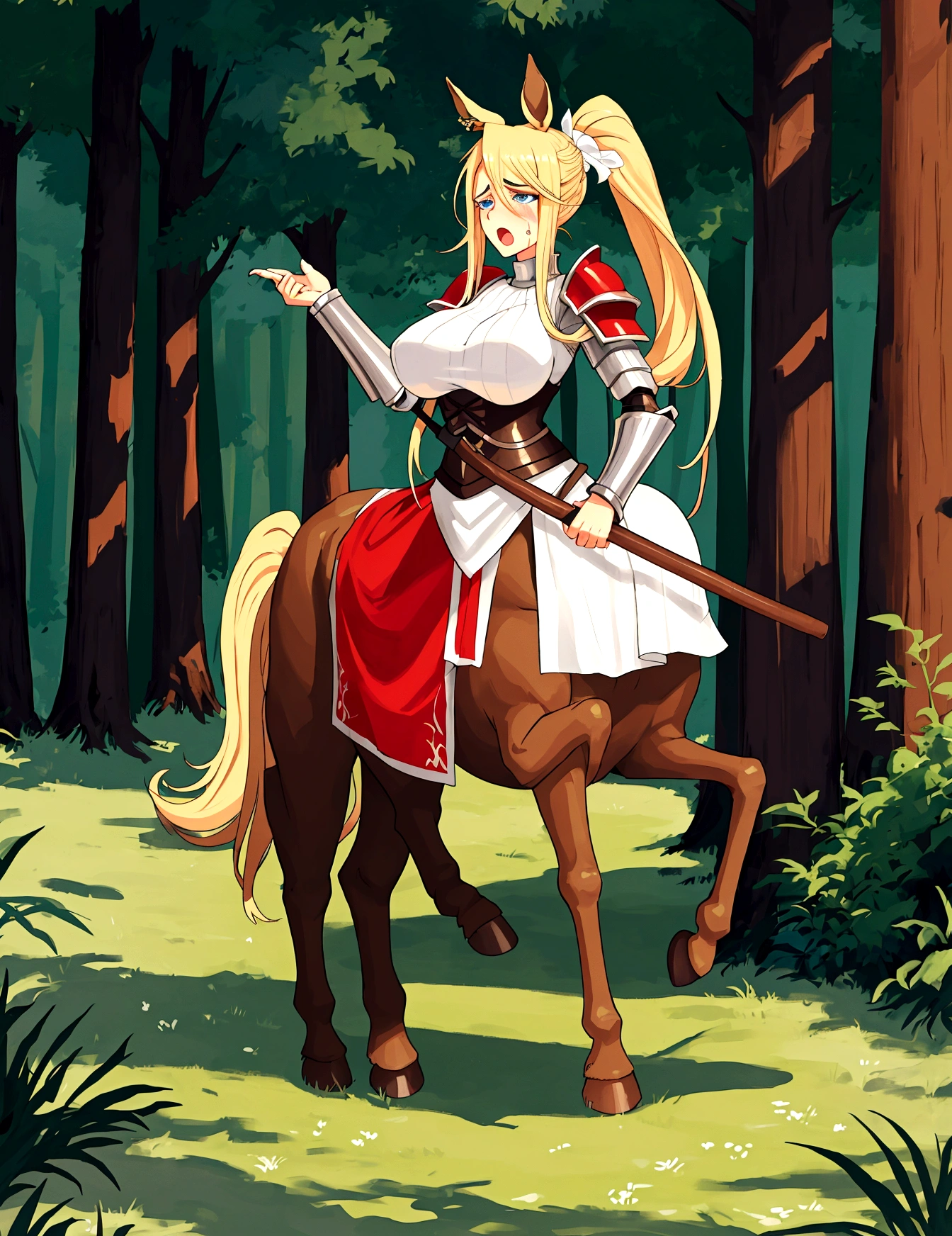 Anime centaur.1 girl. cutie. centaur girl, Half man. monster girl. centaur. Girl - horse. blonde. long hair. hair ornament. Her hair is pulled back into a high ponytail.. Blue eyes. Beautiful eyes. Perfect eyes. expressive eyes. perfect face. face, about to sneeze sneezing face. Beautiful nose. Snotty nose. Long snot hanging from the nose after sneezing.  years. big breasts. beautiful breasts. girl knight. centaur knight. She is ill. She got sick. She has allergies. She has a runny nose. nasal mucus. She has snot. She wants to sneeze. She needs to sneeze. She has a strong, desperate urge to sneeze. She sneezes. She sneezes. Splashes of snot fly to the sides. Snot flows from the nose. She has her period. Her crotch is bleeding. in the middle of a forest. Ideal anatomical body. Lower body of a horse.. Horse slender legs. hooves instead of feet. white linen blouse. Light plate armor - corset. skirt. no panties. standing. full height. beautiful character design. shiny skin. whole body. NFS. official art. чрезвычайно подробные обои CG Unity 8k. perfect lighting. 4K ultra-high resolution. Super detailed 8K resolution. A high resolution.