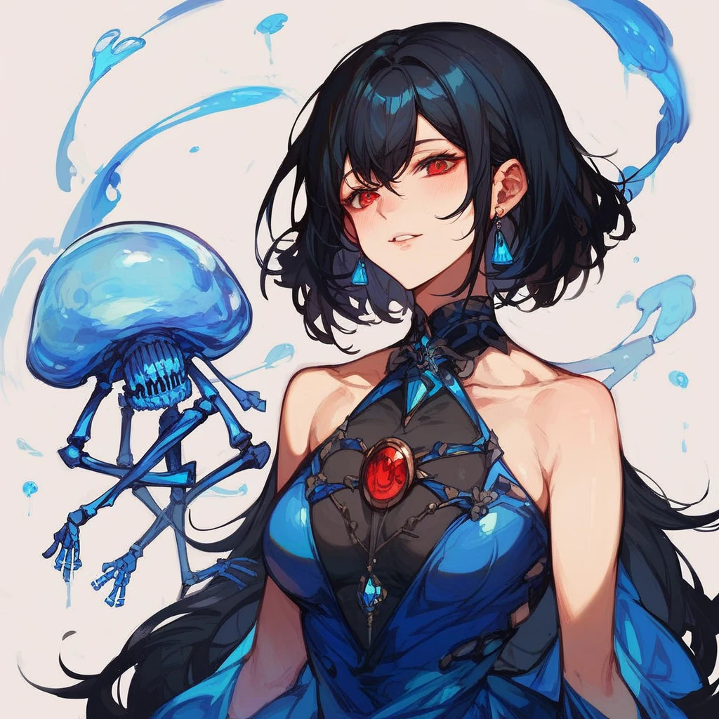 score_9, score_8_up, score_7_up, score_6_up, score_5_up, score_4_up, masterpiece, best quality,、source_アニメ,1girl、Black Hair、Red eyes、Skeleton Body、Vinyl Dresses、PVC material、Blue jellyfish