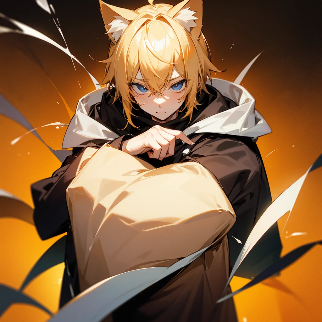 gender: male eyes: Oranges Hair: blonde almost white short Age: adult skin: king.
Place: desert clothing: black hoodie with cat ears.
expression: naughty.
Image type: that only his face can be seen. May it only be one person, not two.