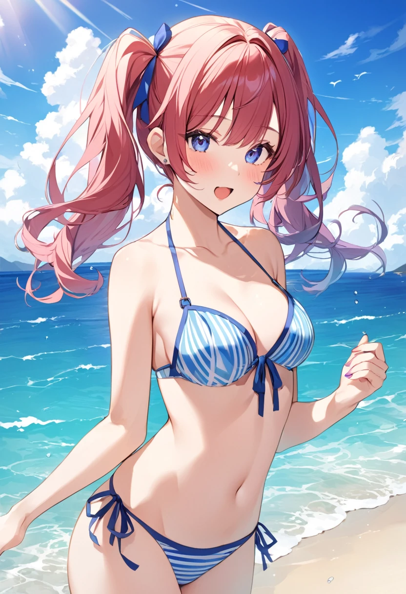 summer、Ocean、blue sky、Bikini color is random、beautiful girl、sexy、Twin tails、Hair color is random