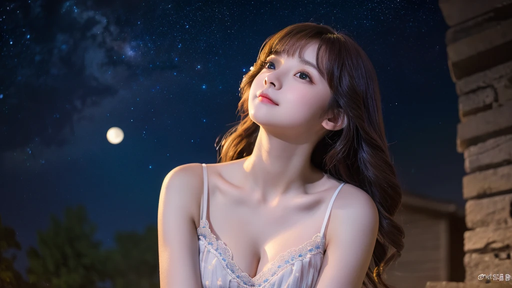 A very cute face like an idol、Looks like a young face、20-year-old female、Gentle and cute、Cleavage、Beautiful starry sky、(Looking up at the night sky)、((Dim lighting))、RAW Photos、Genuine、live-action、(Romantic)、(Artistic Expression)、(Fantasy)、High resolution、masterpiece