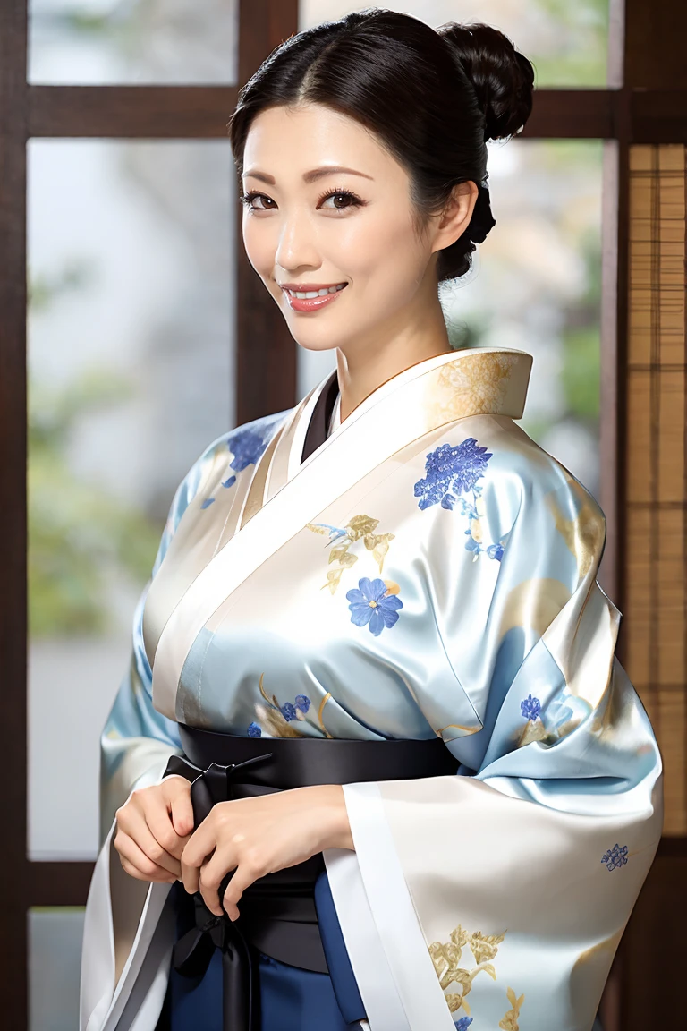 (Highest quality、Tabletop、8K、Best image quality、Award-winning works)、(One beautiful mature woman:1.1)、Adult face、(Innkeeper:1.1)、(A top-quality white kimono with an elegant floral pattern:1.2)、(A kimono with a perfect and precise collar:1.2)、Perfect mature woman portrait photo、Glowing Skin、Standing Elegantly、(Strongly blurred brothel background:1.5)、(Strongly blurred background:1.2)、Glowing Skin、Very beautiful skin、(Accentuate your body lines:1.1)、(The most graceful posture:1.2)、(Large Breasts:1.2)、(Voluptuous body:1.3)、A perfect smile、Perfect beautiful glossy lips、(Accurate anatomy:1.2)、(A perfect and elegant outfit:1.1)、(Standing with good posture:1.1)、(Beautiful, elegant and top-quality patterned kimono:1.2)、、(Perfect and natural beautiful sleeves:1.2)、(A perfect and natural beautiful collar:1.2)、(Perfect and natural beautiful sleeves:1.2)、(An elegant and high-quality patterned kimono obi:1.4)、(Perfect wide belt:1.2)、(A perfect and natural beautiful kimono obi:1.1)、(Chignon:1.3)、(Close-up of face:1.5)、(Smile looking at me:1.2)