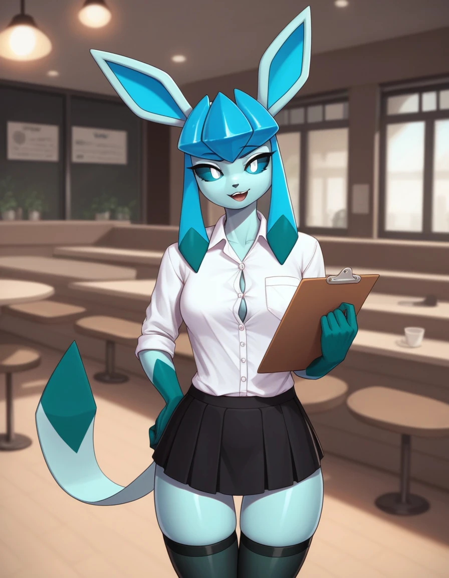Solo, score_9,score_8_up,score_7_up, source_furry, an Anthro furry Glaceon female, blue sclera, white eyes, wearing white button up shirt, black skirt, thigh high socks, in a cafe, simplified background, looking bored, holding a single clipboard with both hands, standing, looking at viewer, open mouth smile, 