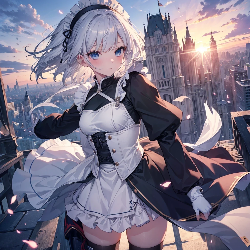Illustration of one person, Dengeki Bunko, Woman Looking Back, Perfect Human Medicine, Woman keeps falling, {{{{{Maid clothes}}}}},Small Tits,anime, Two legs, Cool,{{{{{50 year old woman}}}}} ,{{{{{a person is depicted}}}}},(Official Art、{{{{{Upper Bodyアングル}}}}},Highest quality、Unity 8k wallpaper、32k、masterpiece、Ultra-detailed、Ultra-high resolution, Realistic、Grab your hair with your hands, Photorealistic:1.2)、(Cinema Lighting:1.2)、,Fire Glow Effect、The most grainy shadows on the film、Rim Light、Side light、Side Shot、(Ultra-detailedで複雑な3Dレンダリング)、Very short hair, Short wolf hair,細部までBeautiful Faceと目、Sharp pupils、Realistic生徒、Slender、Highly detailed background、Beautiful Face、Beautiful 16 year old girl、(Ultra-detailedなスキン、Detailed skin texture:1.Silver Hair:1.3)、Blunt bangs、blue eyes、{{{{{黒いMaid clothes}}}}}、White apron costume、Black knee socks、(Thighs Thighs Thighs Thighs:0.8)、Black Bhutanese sticks and a beautiful sunset、Medieval castle、Dancing on the Tower Roof、(avert your eyes、Overlooking the city:1.3)、Fantastic、Close your mouth and bite, Makes your face smaller, (Tabletop), Highest quality, Perfect Face, 1 Girl, alone, Eye color is light blue, Hair between the eyes, Very Short Hair, blue eyes, Silver Hair, Knee-high boots, corset,Black gloves, Long sleeve, Upper Body,