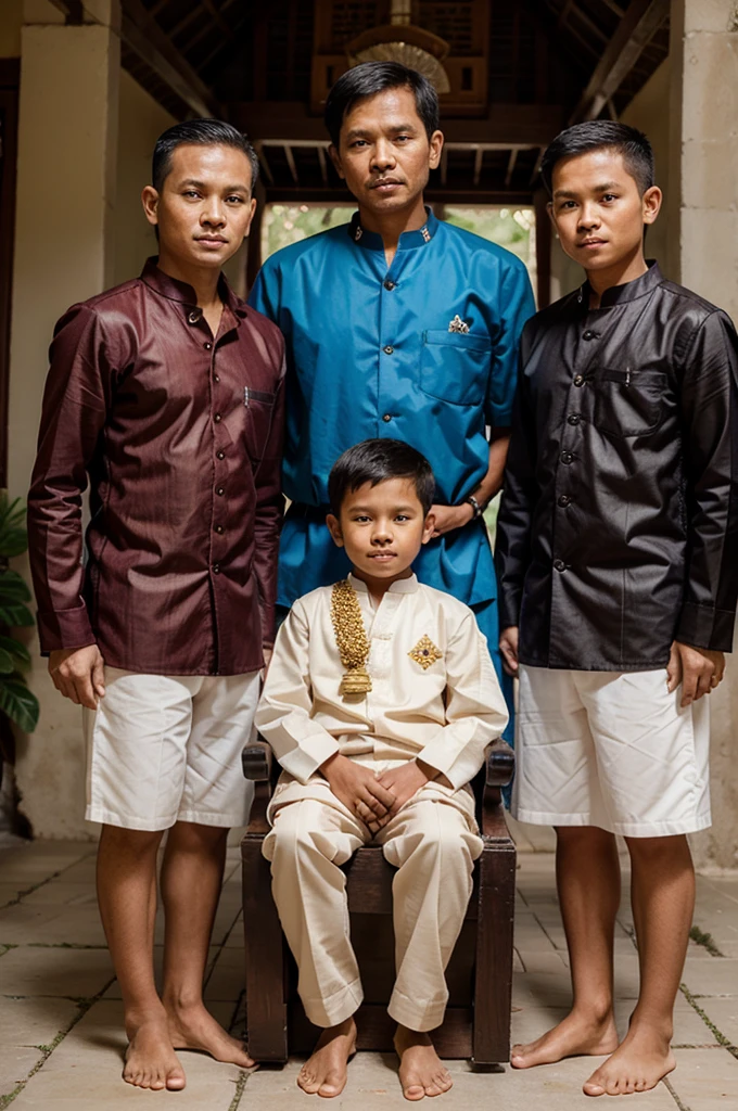 Family photo with three boys aged , 7 years, 3 years in traditional Javanese clothing,Realistic