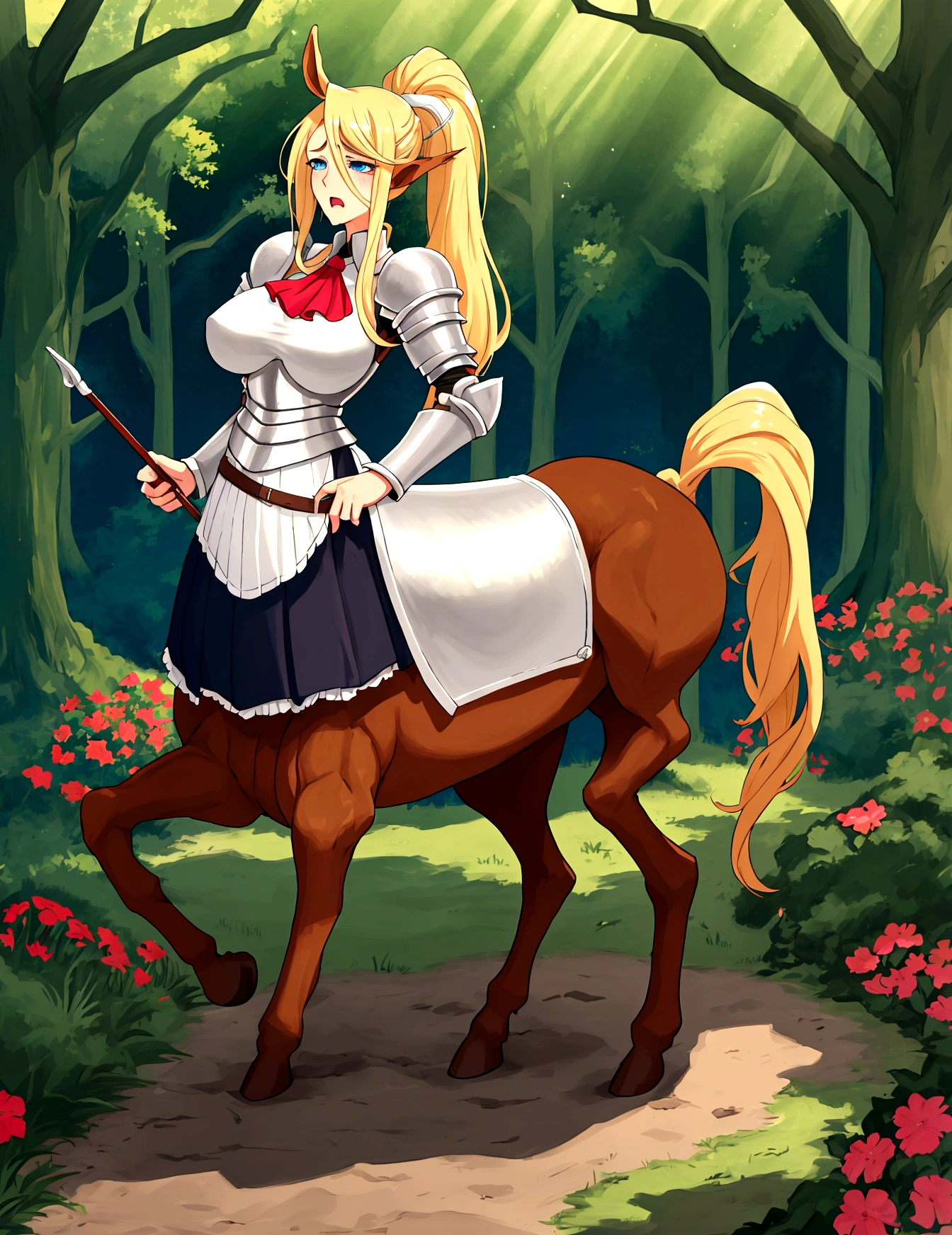 Anime centaur.1 girl. cutie. centaur girl, Half man. monster girl. centaur. Girl - horse. blonde. long hair. hair ornament. Her hair is pulled back into a high ponytail.. Blue eyes. Beautiful eyes. Perfect eyes. expressive eyes. perfect face. face, about to sneeze sneezing face. Beautiful nose. Snotty nose. Long snot hanging from the nose after sneezing.  years. big breasts. beautiful breasts. girl knight. centaur knight. She is ill. She got sick. She has allergies. She has a runny nose. nasal mucus. She has snot. She wants to sneeze. She needs to sneeze. She has a strong, desperate urge to sneeze. She sneezes. She sneezes. Splashes of snot fly to the sides. Snot flows from the nose. She has her period. Her crotch is bleeding. in the middle of a forest. Ideal anatomical body. Lower body of a horse.. Horse slender legs. hooves instead of feet. white linen blouse. Light plate armor - corset. skirt. no panties. standing. full height. beautiful character design. shiny skin. whole body. NFS. official art. чрезвычайно подробные обои CG Unity 8k. perfect lighting. 4K ultra-high resolution. Super detailed 8K resolution. A high resolution.