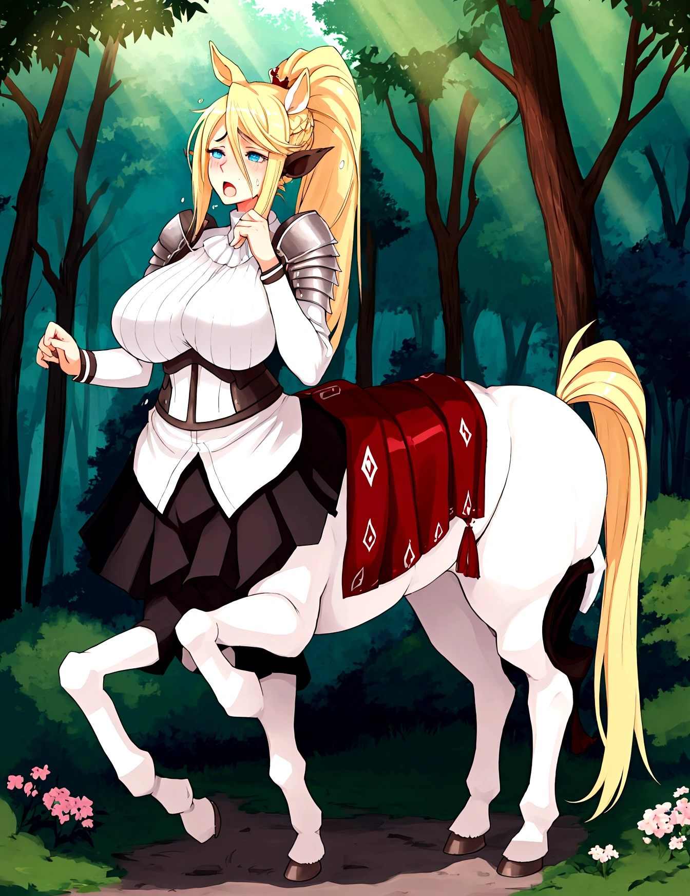 Anime centaur.1 girl. cutie. centaur girl, Half man. monster girl. centaur. Girl - horse. blonde. long hair. hair ornament. Her hair is pulled back into a high ponytail.. Blue eyes. Beautiful eyes. Perfect eyes. expressive eyes. perfect face. face, about to sneeze sneezing face. Beautiful nose. Snotty nose. Long snot hanging from the nose after sneezing.  years. big breasts. beautiful breasts. girl knight. centaur knight. She is ill. She got sick. She has allergies. She has a runny nose. nasal mucus. She has snot. She wants to sneeze. She needs to sneeze. She has a strong, desperate urge to sneeze. She sneezes. She sneezes. Splashes of snot fly to the sides. Snot flows from the nose. She has her period. Her crotch is bleeding. in the middle of a forest. Ideal anatomical body. Lower body of a horse.. Horse slender legs. hooves instead of feet. white linen blouse. Light plate armor - corset. skirt. no panties. standing. full height. beautiful character design. shiny skin. whole body. NFS. official art. чрезвычайно подробные обои CG Unity 8k. perfect lighting. 4K ultra-high resolution. Super detailed 8K resolution. A high resolution.