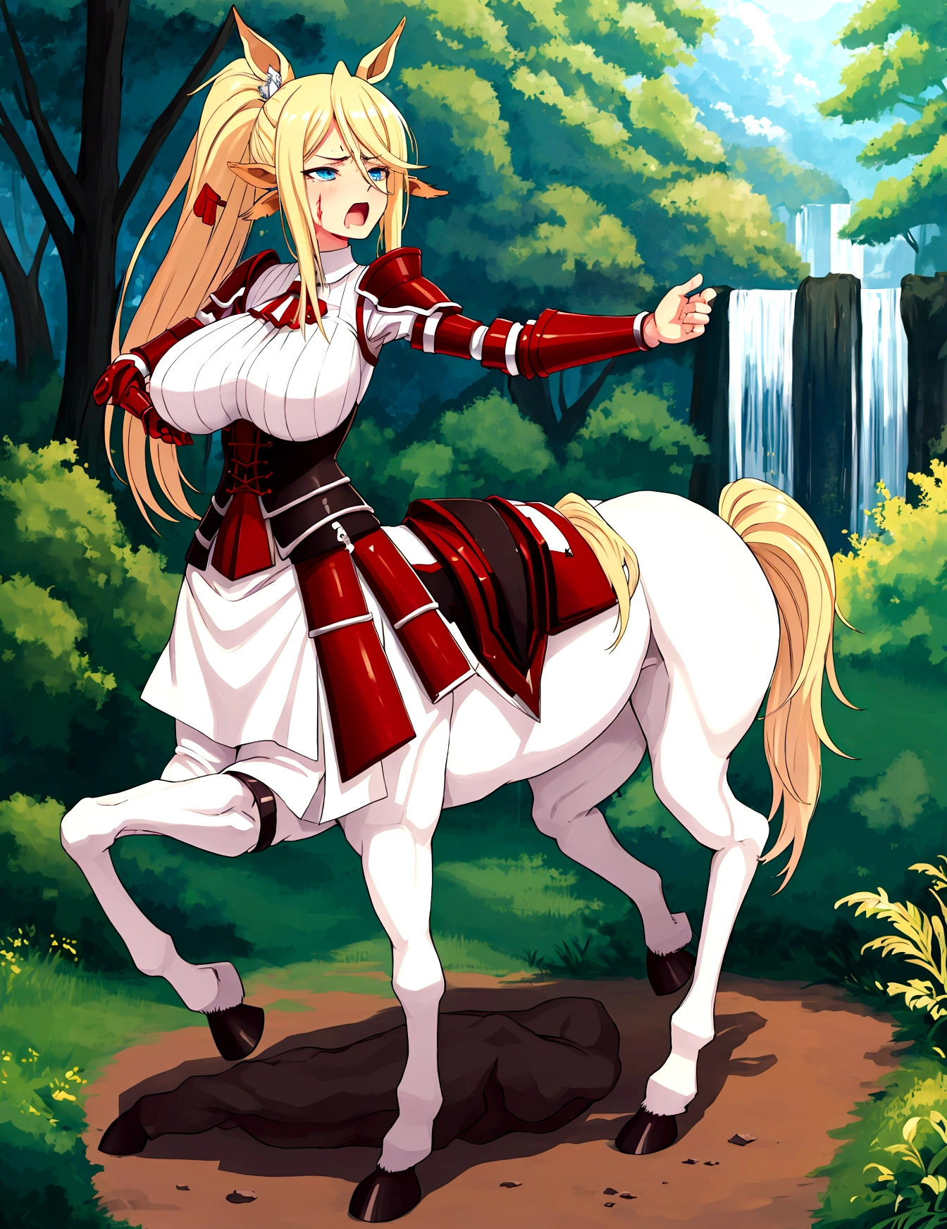 Anime centaur.1 girl. cutie. centaur girl, Half man. monster girl. centaur. Girl - horse. blonde. long hair. hair ornament. Her hair is pulled back into a high ponytail.. Blue eyes. Beautiful eyes. Perfect eyes. expressive eyes. perfect face. face, about to sneeze sneezing face. Beautiful nose. Snotty nose. Long snot hanging from the nose after sneezing.  years. big breasts. beautiful breasts. girl knight. centaur knight. She is ill. She got sick. She has allergies. She has a runny nose. nasal mucus. She has snot. She wants to sneeze. She needs to sneeze. She has a strong, desperate urge to sneeze. She sneezes. She sneezes. Splashes of snot fly to the sides. Snot flows from the nose. She has her period. Her crotch is bleeding. in the middle of a forest. Ideal anatomical body. Lower body of a horse.. Horse slender legs. hooves instead of feet. white linen blouse. Light plate armor - corset. skirt. no panties. standing. full height. beautiful character design. shiny skin. whole body. NFS. official art. чрезвычайно подробные обои CG Unity 8k. perfect lighting. 4K ultra-high resolution. Super detailed 8K resolution. A high resolution.