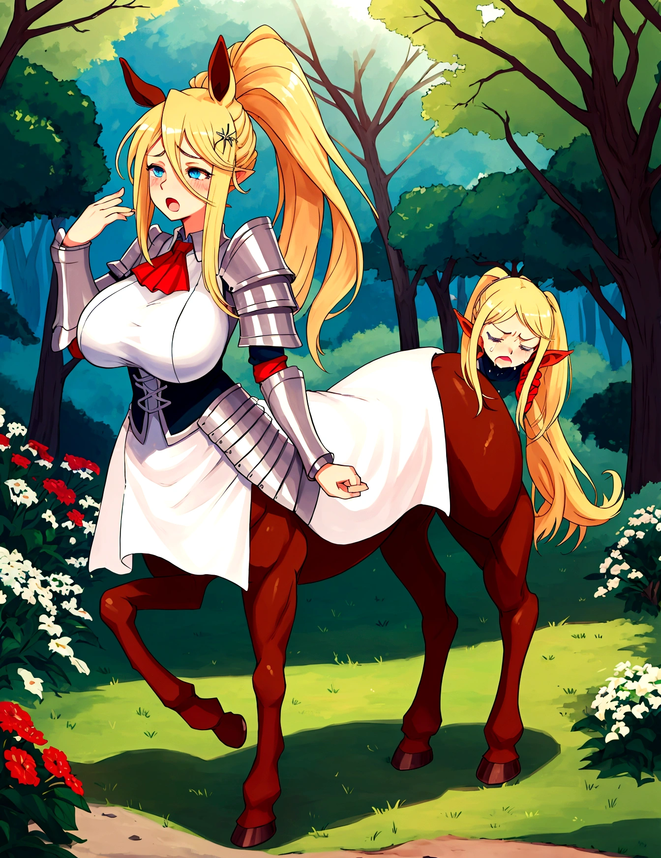 Anime centaur.1 girl. cutie. centaur girl, Half man. monster girl. centaur. Girl - horse. blonde. long hair. hair ornament. Her hair is pulled back into a high ponytail.. Blue eyes. Beautiful eyes. Perfect eyes. expressive eyes. perfect face. face, about to sneeze sneezing face. Beautiful nose. Snotty nose. Long snot hanging from the nose after sneezing. 16 years. big breasts. beautiful breasts. girl knight. centaur knight. She is ill. She got sick. She has allergies. She has a runny nose. nasal mucus. She has snot. She wants to sneeze. She needs to sneeze. She has a strong, desperate urge to sneeze. She sneezes. She sneezes. Splashes of snot fly to the sides. Snot flows from the nose. She has her period. Her crotch is bleeding. in the middle of a forest. Ideal anatomical body. Lower body of a horse.. Horse slender legs. hooves instead of feet. white linen blouse. Light plate armor - corset. skirt. no panties. standing. full height. beautiful character design. shiny skin. whole body. NFS. official art. чрезвычайно подробные обои CG Unity 8k. perfect lighting. 4K ultra-high resolution. Super detailed 8K resolution. A high resolution.