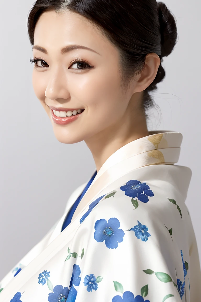 (Highest quality、Tabletop、8K、Best image quality、Award-winning works)、(One beautiful mature woman:1.1)、Adult face、(Innkeeper:1.1)、(A top-quality white kimono with an elegant floral pattern:1.2)、(A kimono with a perfect and precise collar:1.2)、Perfect mature woman portrait photo、Glowing Skin、Standing Elegantly、(The simplest pure white background:1.3)、(Strongly blurred background:1.2)、Glowing Skin、Very beautiful skin、(Accentuate your body lines:1.1)、(The most graceful posture:1.2)、(Large Breasts:1.2)、(Voluptuous body:1.3)、A perfect smile、Perfect beautiful glossy lips、(Accurate anatomy:1.2)、(A perfect and elegant outfit:1.1)、(Standing with good posture:1.1)、(Beautiful, elegant and top-quality patterned kimono:1.2)、、(Perfect and natural beautiful sleeves:1.2)、(A perfect and natural beautiful collar:1.2)、(Perfect and natural beautiful sleeves:1.2)、(An elegant and high-quality patterned kimono obi:1.4)、(Perfect wide belt:1.2)、(A perfect and natural beautiful kimono obi:1.1)、(Chignon:1.3)、(Close-up of face:1.5)、(Smile looking at me:1.2)