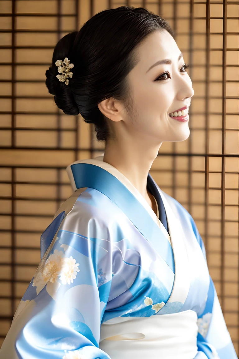 (Highest quality、Tabletop、8K、Best image quality、Award-winning works)、(One beautiful mature woman:1.1)、Adult face、(Innkeeper:1.1)、(A top-quality white kimono with an elegant floral pattern:1.2)、(A kimono with a perfect and precise collar:1.2)、Perfect mature woman portrait photo、Glowing Skin、Standing Elegantly、(The simplest pure white background:1.3)、(Strongly blurred background:1.2)、Glowing Skin、Very beautiful skin、(Accentuate your body lines:1.1)、(The most graceful posture:1.2)、(Large Breasts:1.2)、(Voluptuous body:1.3)、A perfect smile、Perfect beautiful glossy lips、(Accurate anatomy:1.2)、(A perfect and elegant outfit:1.1)、(Standing with good posture:1.1)、(Beautiful, elegant and top-quality patterned kimono:1.2)、、(Perfect and natural beautiful sleeves:1.2)、(A perfect and natural beautiful collar:1.2)、(Perfect and natural beautiful sleeves:1.2)、(An elegant and high-quality patterned kimono obi:1.4)、(Perfect wide belt:1.2)、(A perfect and natural beautiful kimono obi:1.1)、(Chignon:1.3)、(Close-up of face:1.5)、(Smile looking at me:1.2)