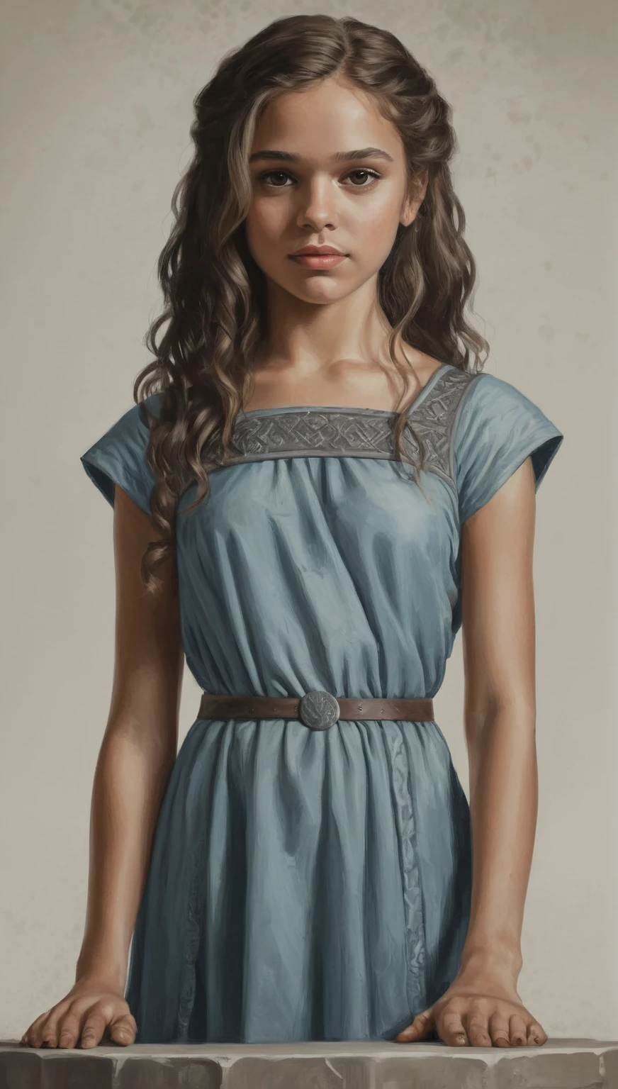 An illustrated movie poster., hand-drawn, full color, A young woman, naked or, warm brown complexion, ashy hair, long loose curls, Waist length hair, posing on a pedestal, hard shadows, graphite shading, template marks, acrylic paint with airbrush, Masterpiece, game of thrones style
