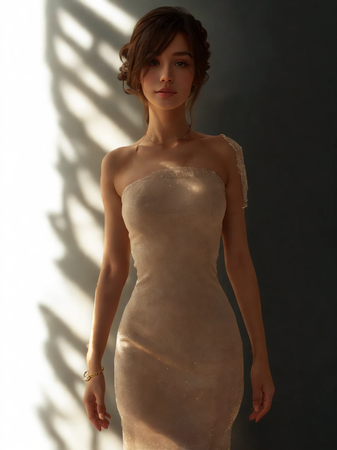 A hyper realistic carricature ,photorealism,of a skinny woman 25 yo.naughty face,with random hair style,standing.wearing elegant grey long dress ,sexy pose,light smile, high detail,3d render,high definition.medium body shot