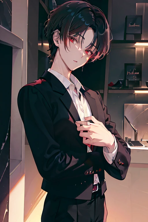 (best quality), very detailed, ((one man)), perfect face, Beautiful face, very detailed,(Black-haired man:1.3),suit,shirt, boy, boy, , cute , figure, Pinkish white skin, (red eyes),