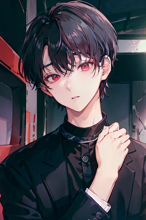  (best quality), very detailed, ((one man)), perfect face, Beautiful face, very detailed，(Black-haired man:1.3)，suit，shirt, boy, boy, , cute ,  figure, Pinkish white skin, (red eyes),