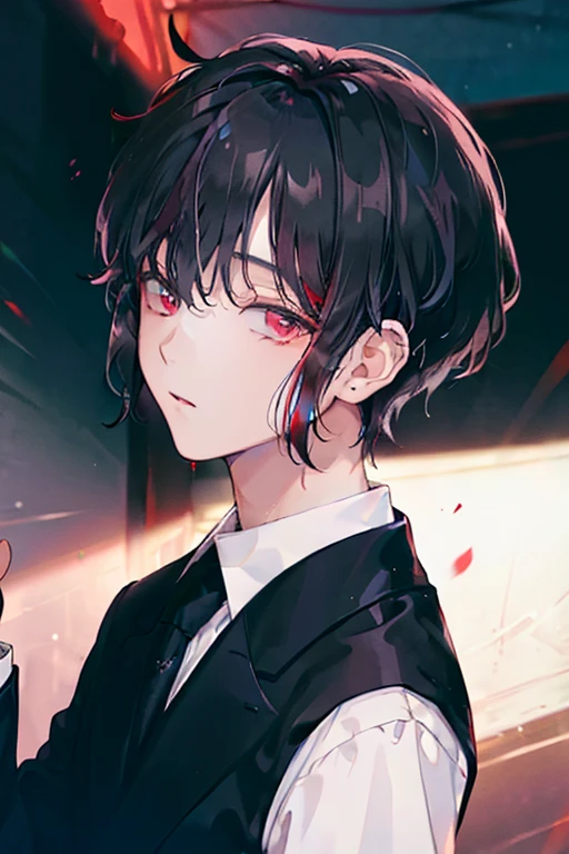 (best quality), very detailed, ((one man)), perfect face, Beautiful face, very detailed,(Black-haired man:1.3),suit,shirt, boy, boy, 10 years old, cute , figure, Pinkish white skin, (red eyes),