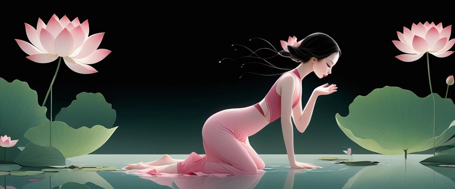 vector，Flat form，illustration，The Minimalists，数字艺术illustration，Pink hue，Abstract，artistic conception，Blooming，A little girl kneeling on the water（Right side of the screen），dancer；Pink clothing；Pretty Face，Black Hair，Hairpin；Lotus pond，Lotus decorative corner；Diving sensation，Left（Light cyan）Lots of white space。